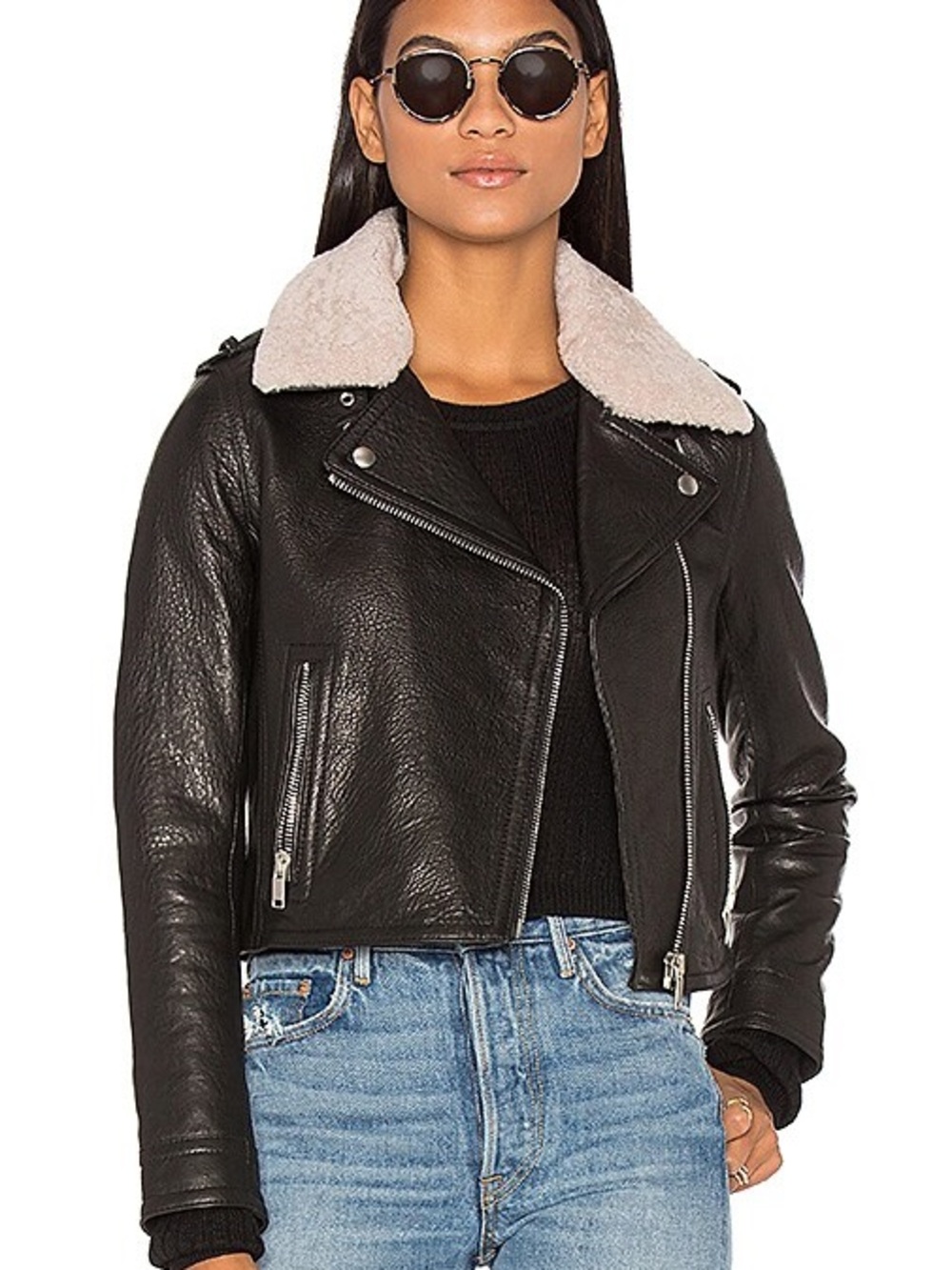Doma Detachable Lamb Shearling Fur Collar Aviator Moto Jacket in Black Size XS